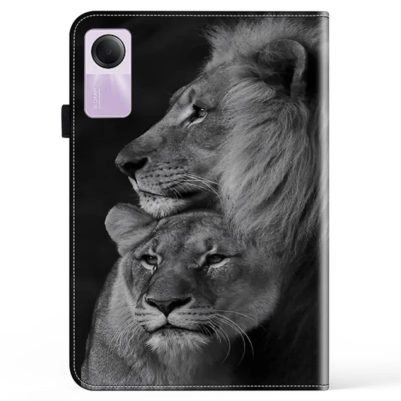 For Xiaomi Redmi Pad SE Case Card Slots PU Leather Pattern Printed Tablet Cover - Couple Lions