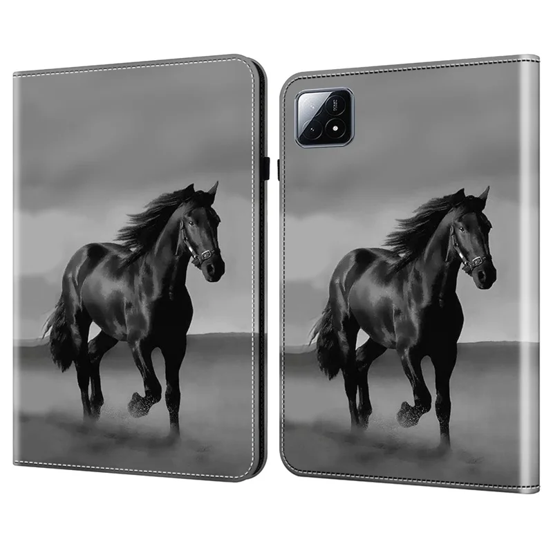 For Xiaomi Pad 6S Pro 12.4 Leather Case Pattern Printed Stand Tablet Cover -  Black Horse
