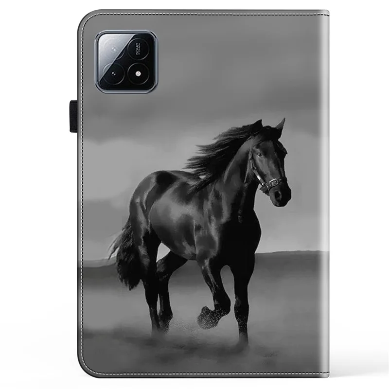 For Xiaomi Pad 6S Pro 12.4 Leather Case Pattern Printed Stand Tablet Cover -  Black Horse