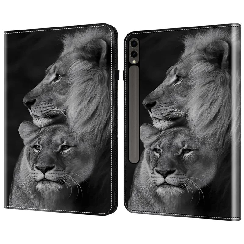 غطاء لهواوي جالكسي تاب إس10+ / إس9+ / إس9 فاي+ بطباعة زخارف من الجلد الصناعي مع وظيفة الحامل - أسدان زوجيان