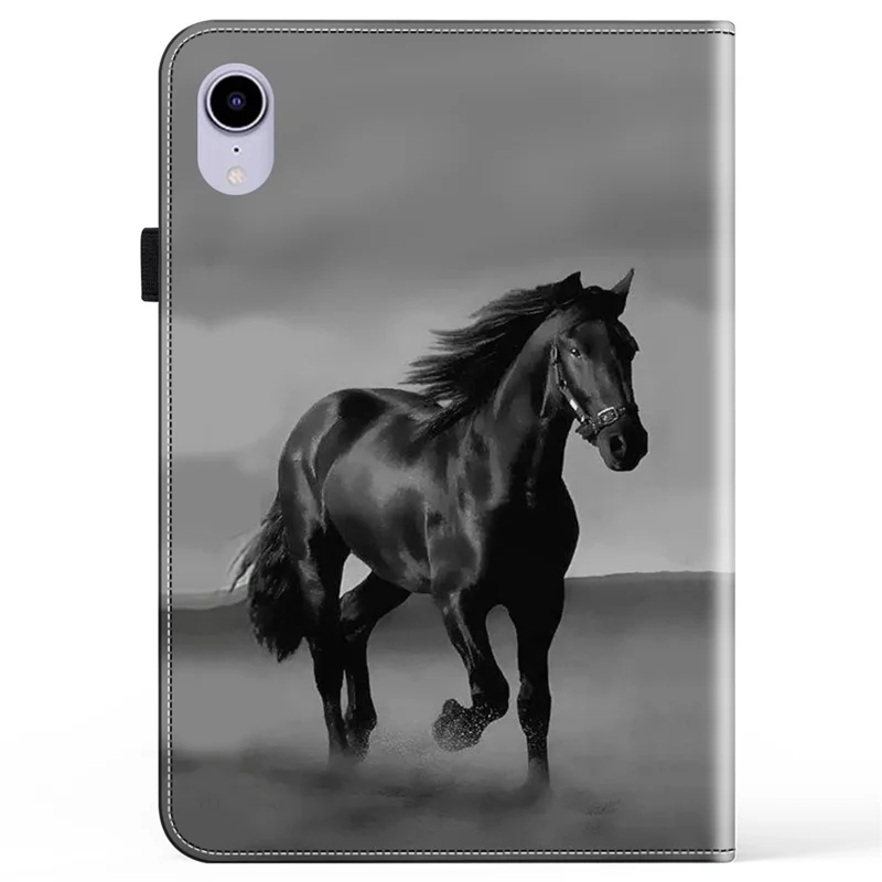 Pour iPad mini (2024) / mini (2021) Étui Impression de Motif en Cuir Housse de Tablette avec Fentes pour Cartes Fonction de Support - Cheval Noir