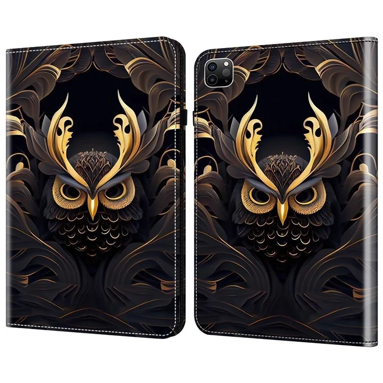 For iPad Air 13 (2025) / (2024) / Pro 12.9 (2020) / (2021) / (2022) Case Pattern PU Leather Stand Cover with Cards Slots - Owl