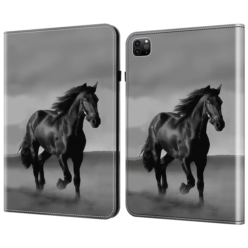 Para iPad Pro 12.9 (2020) / (2021) / (2022) / iPad Air 13 (2024) Capa Padrão de Couro PU Capa com Suporte e Slots para Cartões - Cavalo Preto
