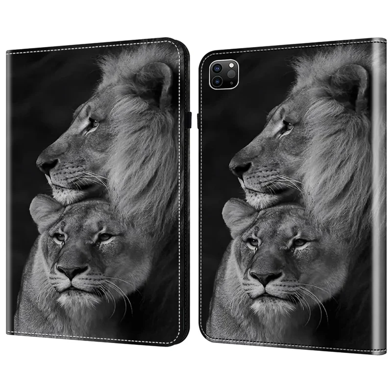 Para iPad Pro 12.9 (2020) / (2021) / (2022) / iPad Air 13 (2024) Funda con Patrón de Cuero PU Cubierta de Soporte con Ranuras para Tarjetas - Leones Acoplados