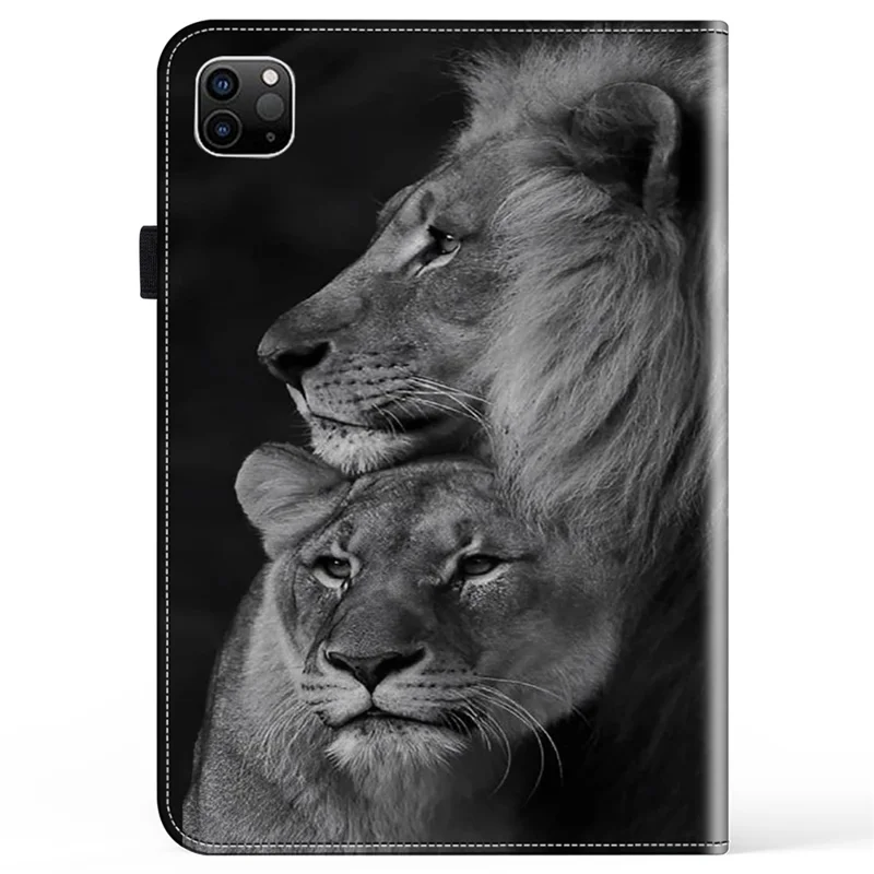 Para iPad Pro 12.9 (2020) / (2021) / (2022) / iPad Air 13 (2024) Funda con Patrón de Cuero PU Cubierta de Soporte con Ranuras para Tarjetas - Leones Acoplados