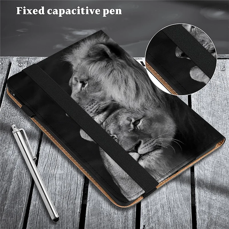 Para iPad Pro 12.9 (2020) / (2021) / (2022) / iPad Air 13 (2024) Funda con Patrón de Cuero PU Cubierta de Soporte con Ranuras para Tarjetas - Leones Acoplados