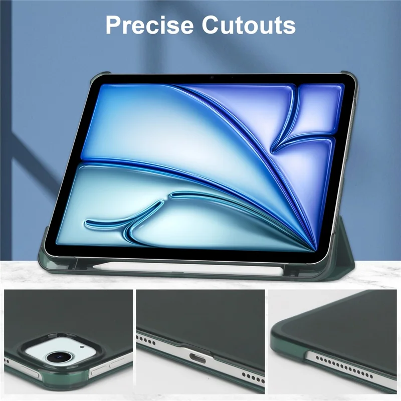 For iPad Air 13 (2026) / (2025) / (2024) Case Tri-Fold Stand Leather + PC Matte Back Tablet Cover with Pencil Holder - Blackish Green