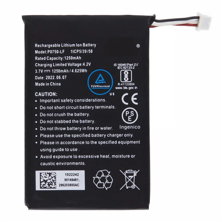 Para Ingenico Link 2500 3.70V 1250mAh Bateria Recarregável de Polímero de Lítio Conjunto de Peças de Reposição (Codificado: P0750-LF) (Sem Logotipo)