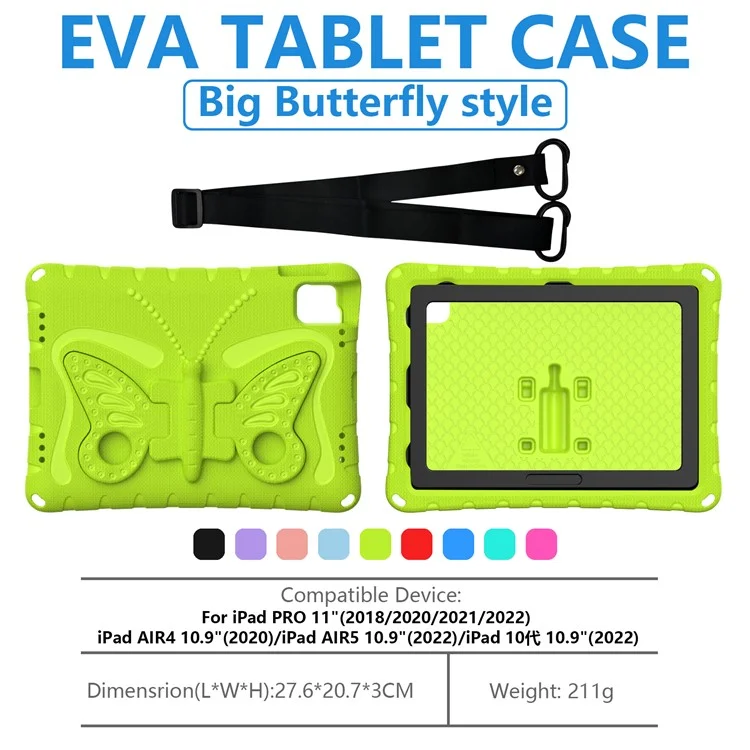 Per iPad Pro 12.9 pollici (2018) / (2020) / (2021) / (2022) / Air 13 (2024) / Pro 13 (2024) Custodia Protettiva in EVA con Supporto a Farfalla e Tracolla - Verde