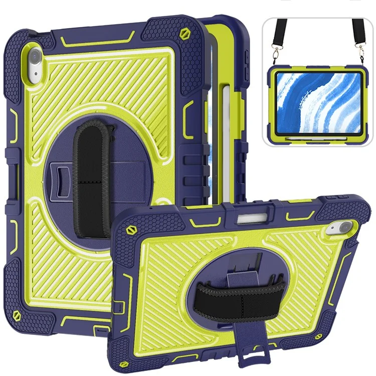 For iPad Air 11 (2025) / (2024) Case Rotatable Kickstand Silicone + PC Tablet Cover with Shoulder Strap - Navy Blue+Green