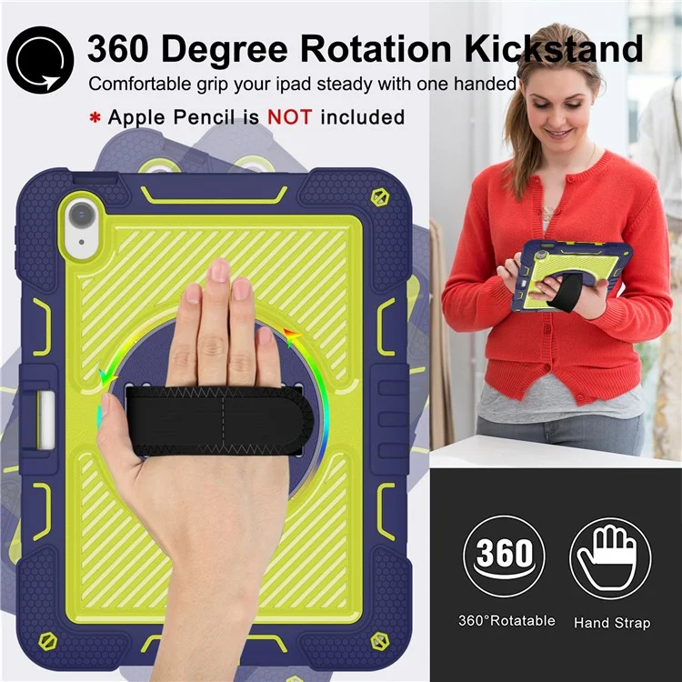 For iPad Air 11 (2025) / (2024) Case Rotatable Kickstand Silicone + PC Tablet Cover with Shoulder Strap - Navy Blue+Green