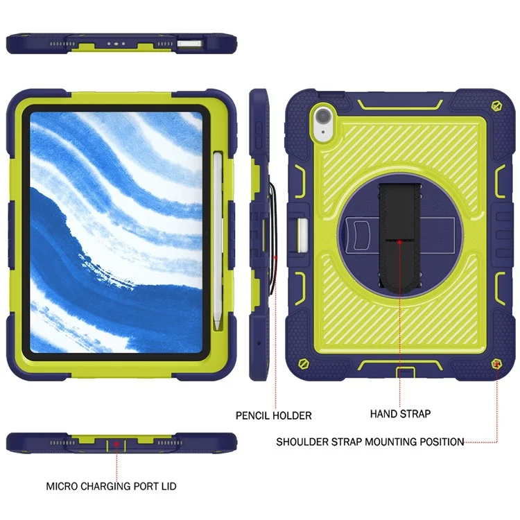 For iPad Air 11 (2025) / (2024) Case Rotatable Kickstand Silicone + PC Tablet Cover with Shoulder Strap - Navy Blue+Green