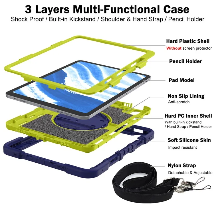 For iPad Air 11 (2025) / (2024) Case Rotatable Kickstand Silicone + PC Tablet Cover with Shoulder Strap - Navy Blue+Green