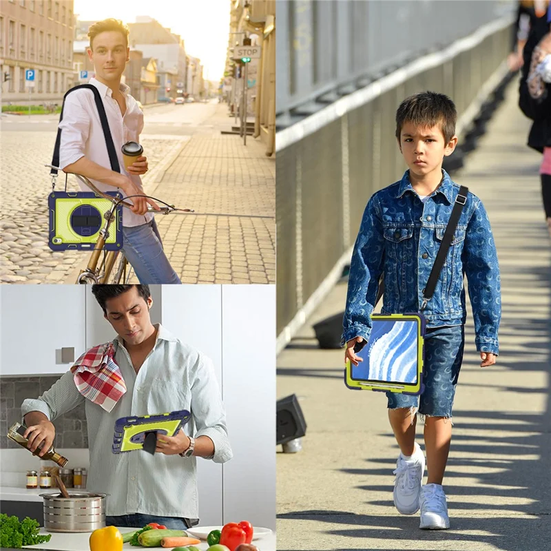 For iPad Air 11 (2025) / (2024) Case Rotatable Kickstand Silicone + PC Tablet Cover with Shoulder Strap - Navy Blue+Green