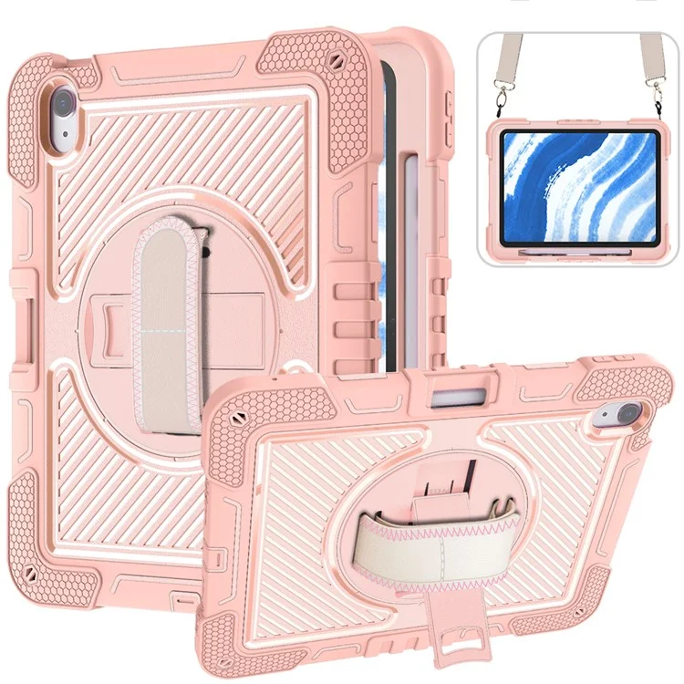 Para Capa do iPad Air 11 (2024) Caso Rotativo Cavalete Silicone + PC Capa de Tablet com Alça de Ombro - Ouro Rosa