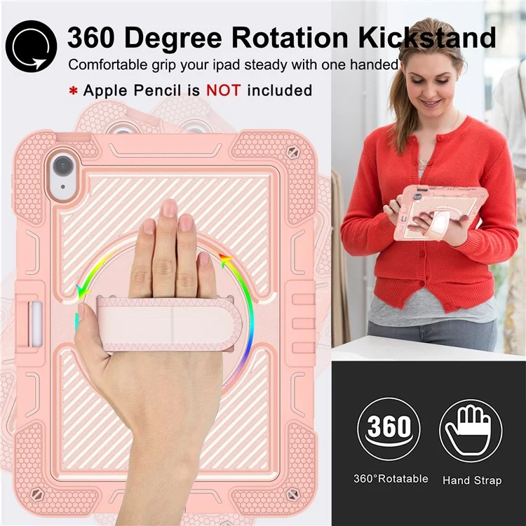 Para Capa do iPad Air 11 (2024) Caso Rotativo Cavalete Silicone + PC Capa de Tablet com Alça de Ombro - Ouro Rosa