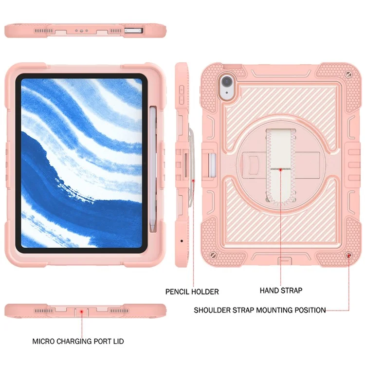 Para Capa do iPad Air 11 (2024) Caso Rotativo Cavalete Silicone + PC Capa de Tablet com Alça de Ombro - Ouro Rosa