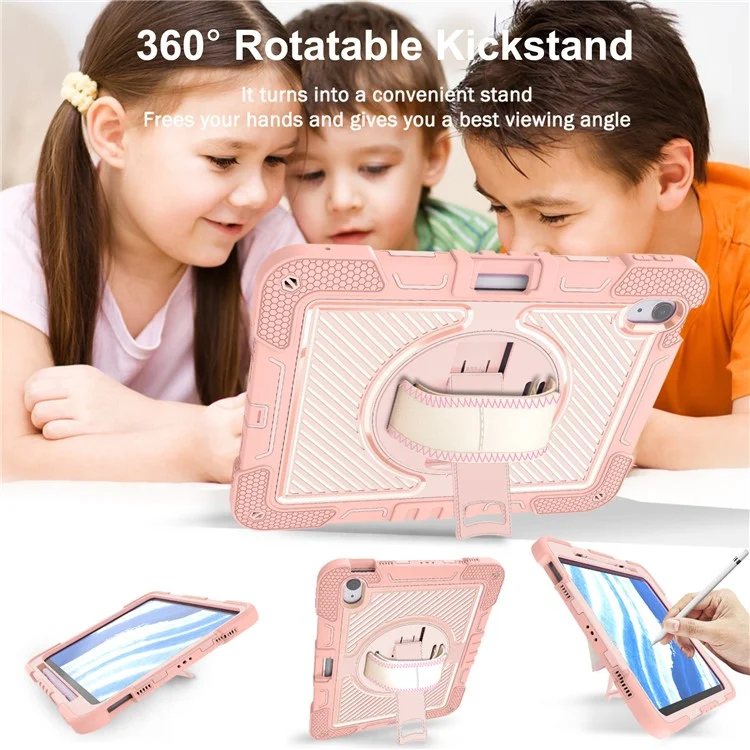 Para Capa do iPad Air 11 (2024) Caso Rotativo Cavalete Silicone + PC Capa de Tablet com Alça de Ombro - Ouro Rosa
