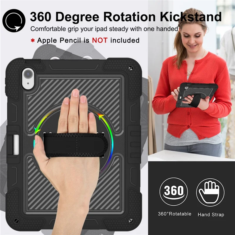 For iPad Air 11 (2026) / (2025) / (2024) Case Rotatable Kickstand Silicone + PC Tablet Cover with Shoulder Strap - Black