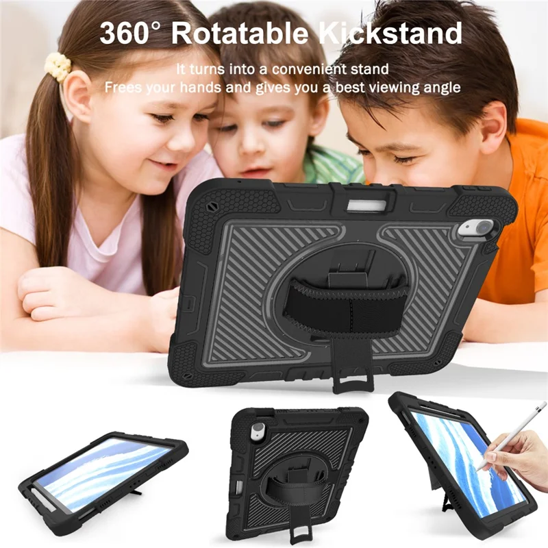 For iPad Air 11 (2026) / (2025) / (2024) Case Rotatable Kickstand Silicone + PC Tablet Cover with Shoulder Strap - Black