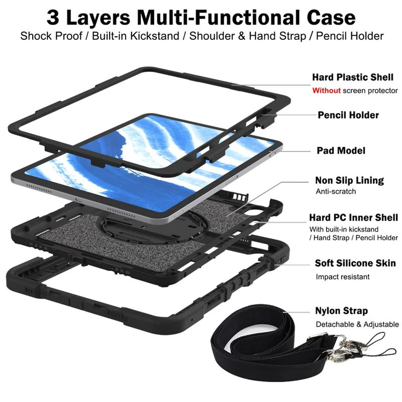 For iPad Air 11 (2026) / (2025) / (2024) Case Rotatable Kickstand Silicone + PC Tablet Cover with Shoulder Strap - Black