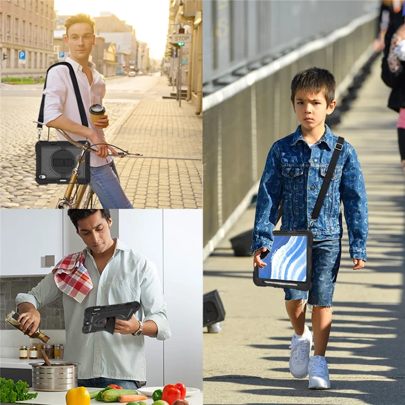 For iPad Air 11 (2026) / (2025) / (2024) Case Rotatable Kickstand Silicone + PC Tablet Cover with Shoulder Strap - Black