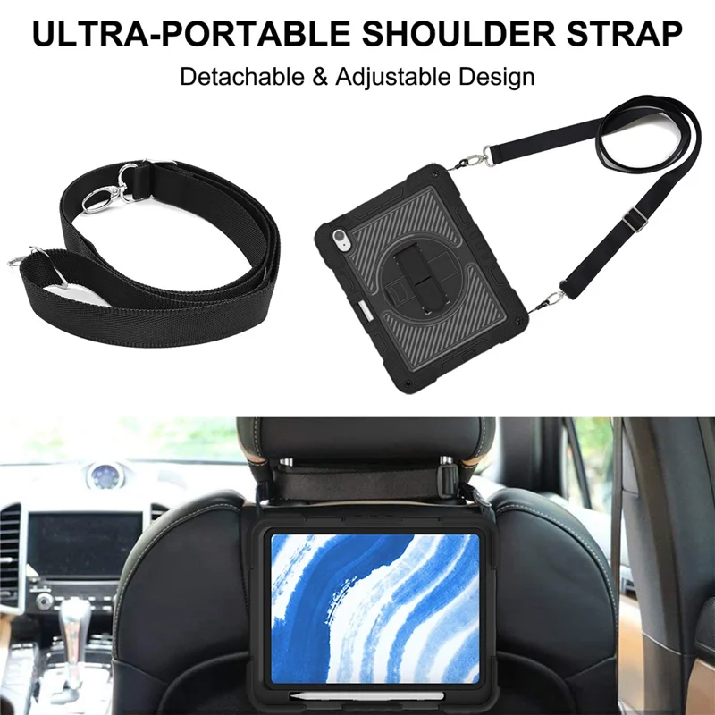 For iPad Air 11 (2026) / (2025) / (2024) Case Rotatable Kickstand Silicone + PC Tablet Cover with Shoulder Strap - Black