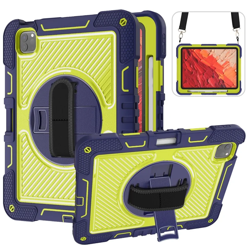 For iPad Pro 11 (2025) / 11 (2024) Case Kickstand Silicone + PC Tablet Cover with Hand / Shoulder Strap - Navy Blue+Green