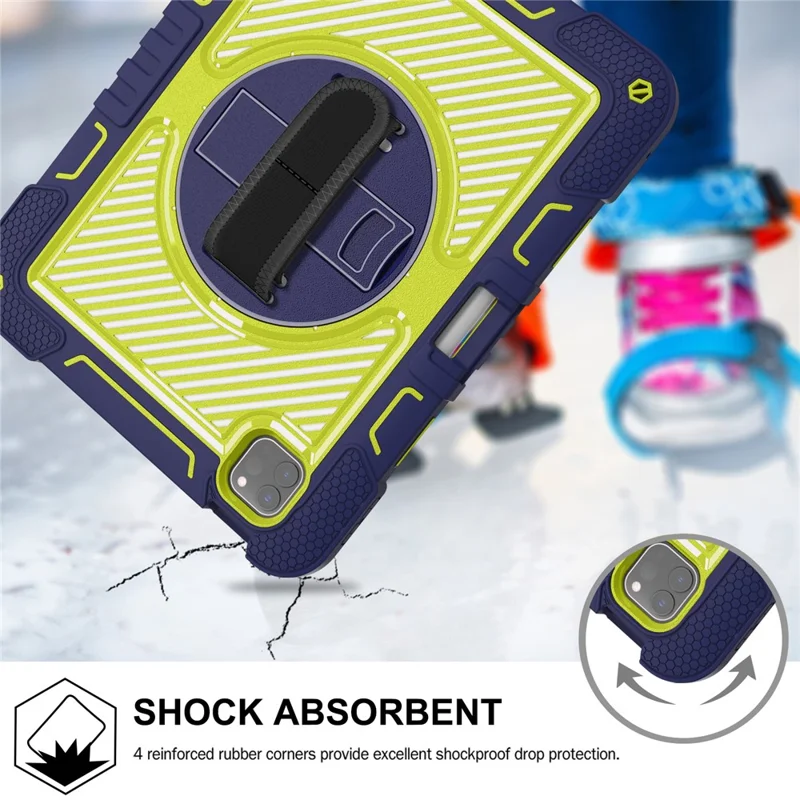 For iPad Pro 11 (2025) / 11 (2024) Case Kickstand Silicone + PC Tablet Cover with Hand / Shoulder Strap - Navy Blue+Green