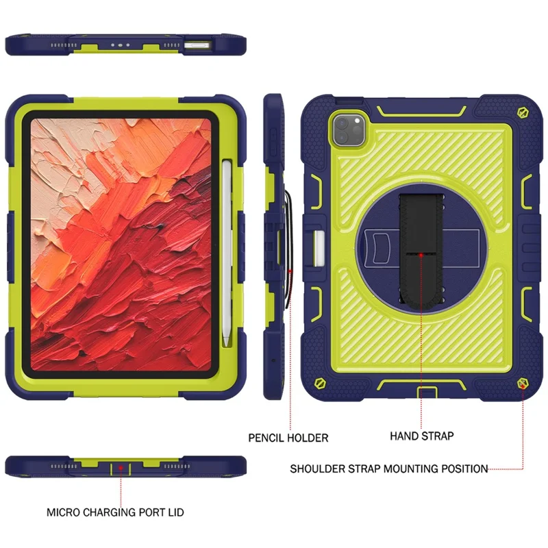 For iPad Pro 11 (2025) / 11 (2024) Case Kickstand Silicone + PC Tablet Cover with Hand / Shoulder Strap - Navy Blue+Green