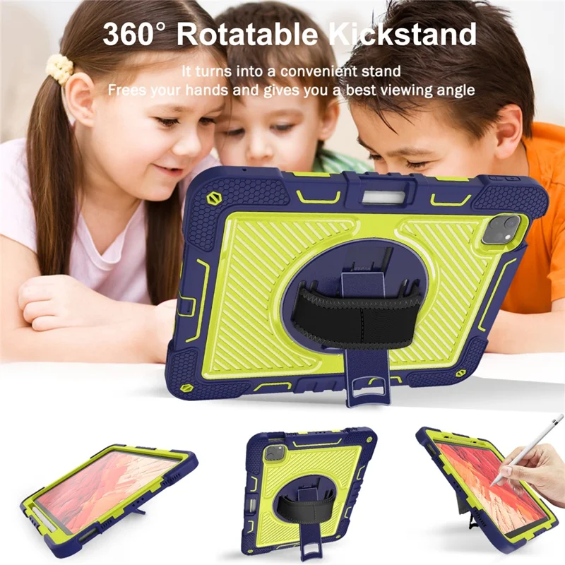 For iPad Pro 11 (2025) / 11 (2024) Case Kickstand Silicone + PC Tablet Cover with Hand / Shoulder Strap - Navy Blue+Green