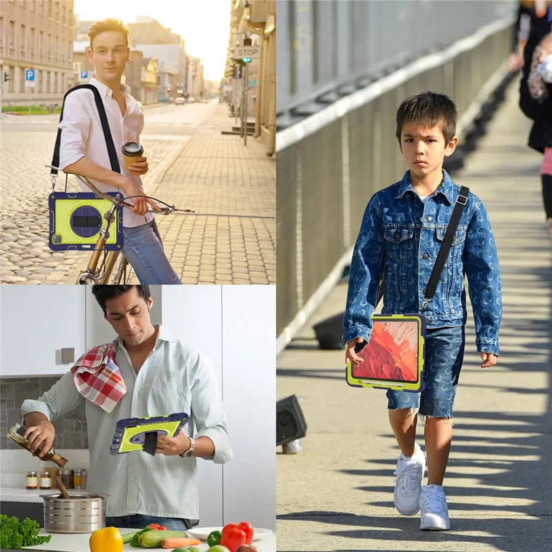 For iPad Pro 11 (2025) / 11 (2024) Case Kickstand Silicone + PC Tablet Cover with Hand / Shoulder Strap - Navy Blue+Green