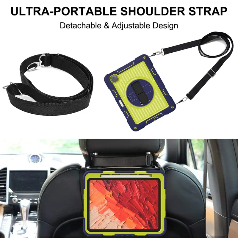 For iPad Pro 11 (2025) / 11 (2024) Case Kickstand Silicone + PC Tablet Cover with Hand / Shoulder Strap - Navy Blue+Green