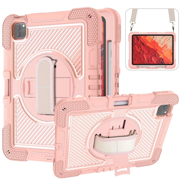 Per iPad Pro 11 (2024) Case Kickstand Silicone + PC Tablet Cover con Cinturino per Mano / Spalla - Rosa Oro