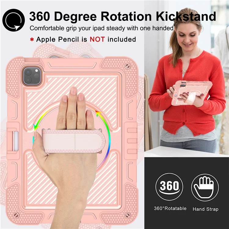 Per iPad Pro 11 (2024) Case Kickstand Silicone + PC Tablet Cover con Cinturino per Mano / Spalla - Rosa Oro