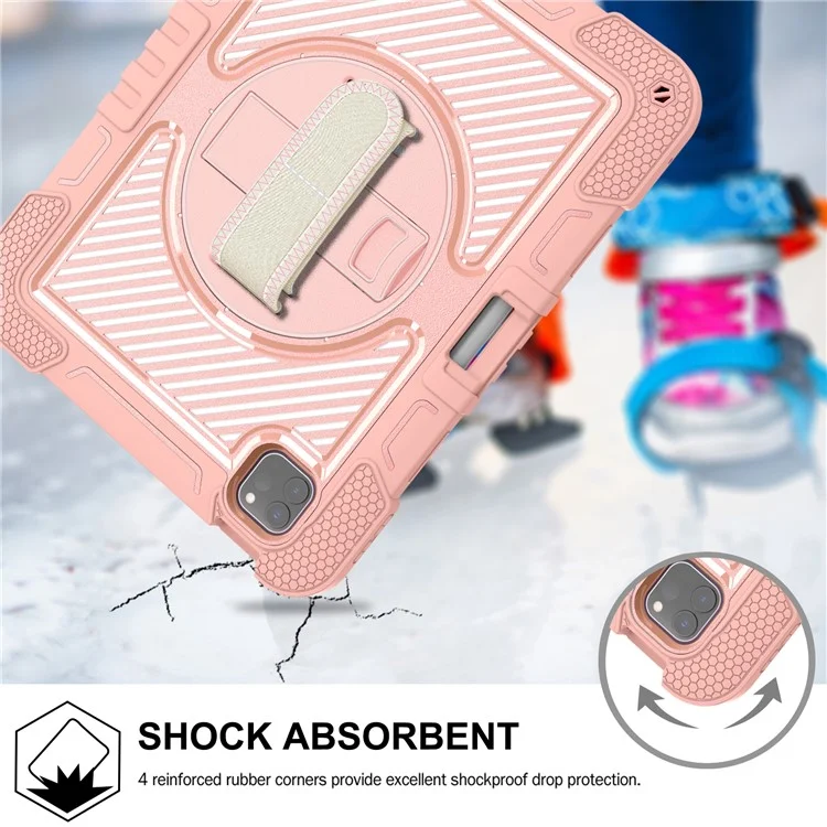 Per iPad Pro 11 (2024) Case Kickstand Silicone + PC Tablet Cover con Cinturino per Mano / Spalla - Rosa Oro