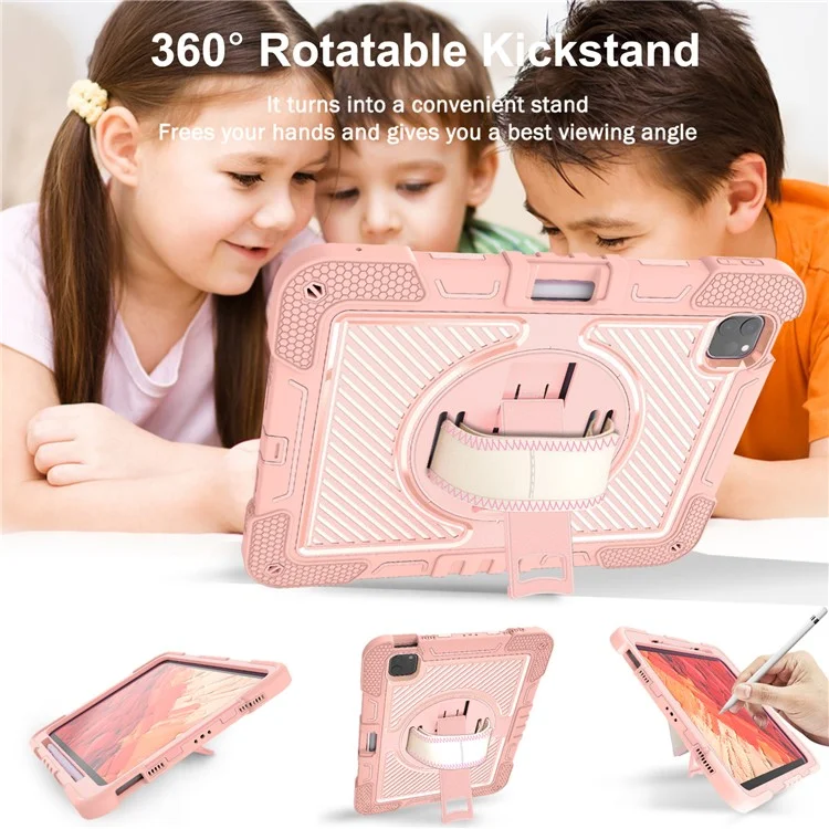 Per iPad Pro 11 (2024) Case Kickstand Silicone + PC Tablet Cover con Cinturino per Mano / Spalla - Rosa Oro