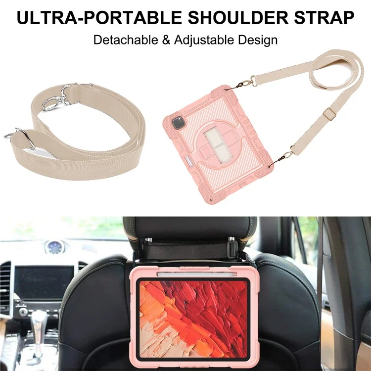 Per iPad Pro 11 (2024) Case Kickstand Silicone + PC Tablet Cover con Cinturino per Mano / Spalla - Rosa Oro