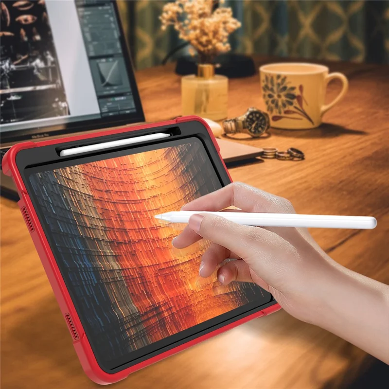 Capa para iPad Air 13 (2024) Suporte para Apoio Silicone + PC Capa de Tablet Alta Resistência a Impactos - Vermelho+Preto
