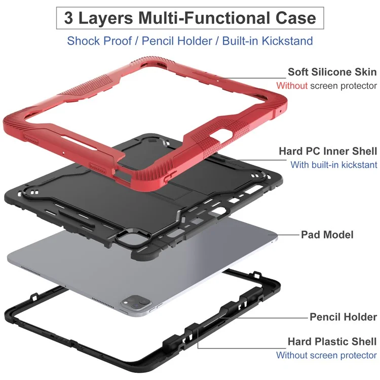 Para iPad Pro 13 (2024) Capa Silicone + PC Capa Tablet com Suporte para Caneta - Vermelho+Preto