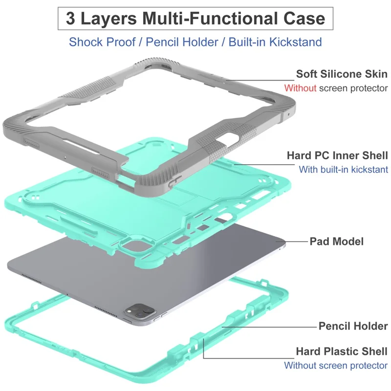 Para iPad Pro 13 (2024) Case Silicone + PC Tablet Cover com Suporte para Caneta - Cinza+Verde Menta