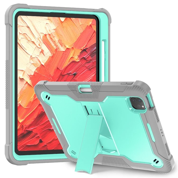 For iPad Pro 11 (2024) Case Hard PC and Soft Silicone Tablet Cover with Bracket Kickstand - Grey+Mint Green