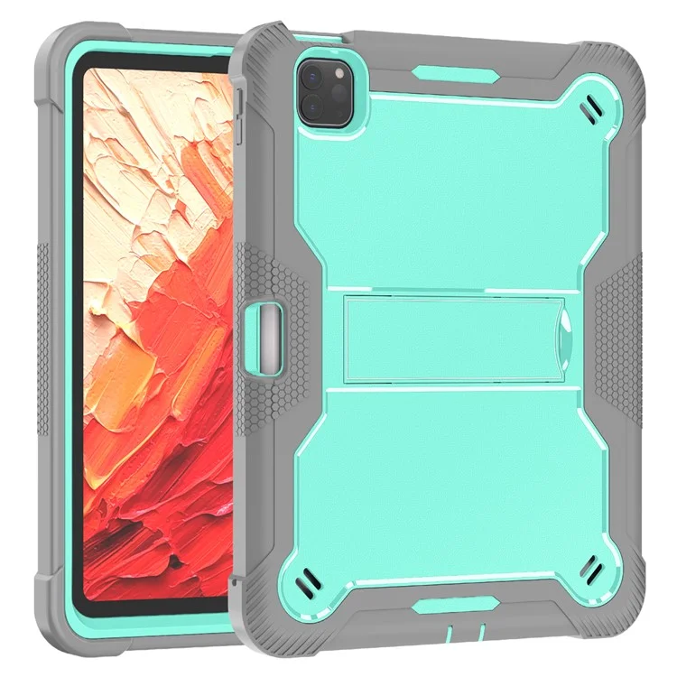 For iPad Pro 11 (2024) Case Hard PC and Soft Silicone Tablet Cover with Bracket Kickstand - Grey+Mint Green