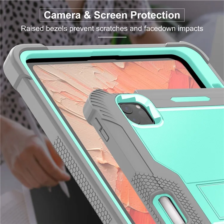 For iPad Pro 11 (2024) Case Hard PC and Soft Silicone Tablet Cover with Bracket Kickstand - Grey+Mint Green