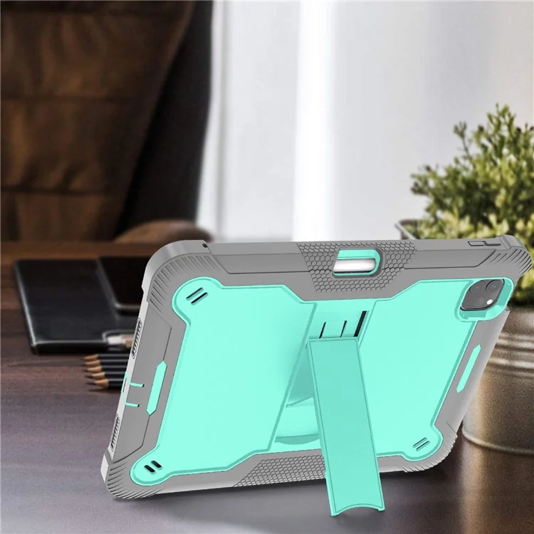 For iPad Pro 11 (2024) Case Hard PC and Soft Silicone Tablet Cover with Bracket Kickstand - Grey+Mint Green