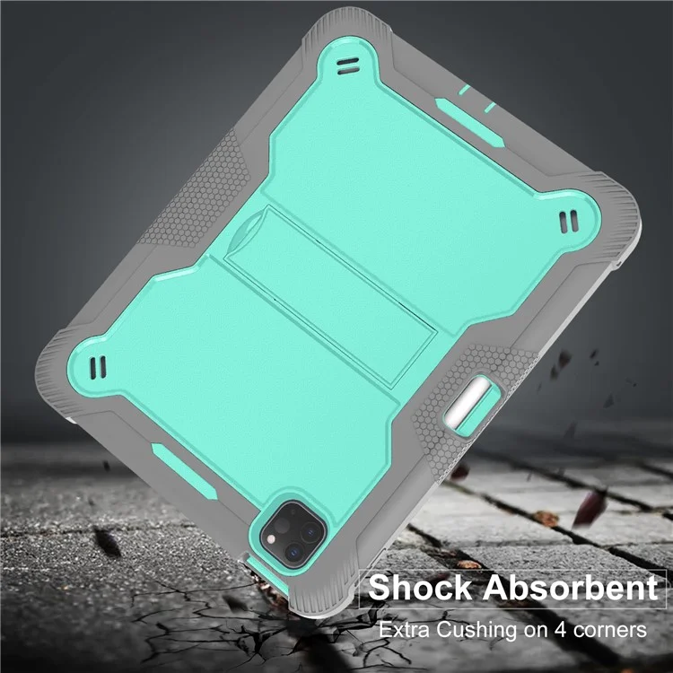 For iPad Pro 11 (2024) Case Hard PC and Soft Silicone Tablet Cover with Bracket Kickstand - Grey+Mint Green