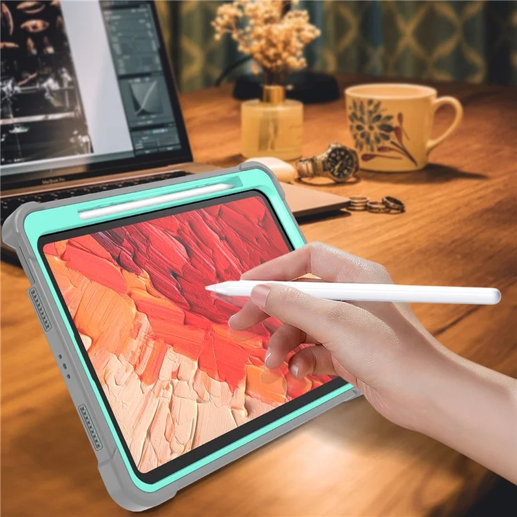 For iPad Pro 11 (2024) Case Hard PC and Soft Silicone Tablet Cover with Bracket Kickstand - Grey+Mint Green