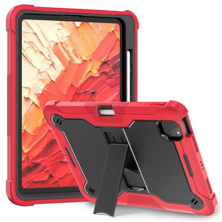 Per iPad Pro 11 (2024) Custodia in PC rigido e silicone morbido Custodia per tablet con supporto per supporto - Rosso+Nero