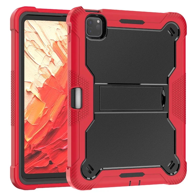 Per iPad Pro 11 (2024) Custodia in PC rigido e silicone morbido Custodia per tablet con supporto per supporto - Rosso+Nero
