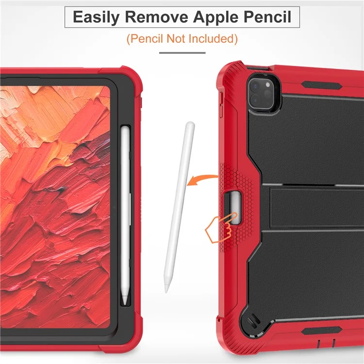 Per iPad Pro 11 (2024) Custodia in PC rigido e silicone morbido Custodia per tablet con supporto per supporto - Rosso+Nero